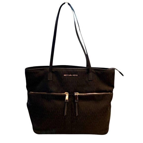 Michael Kors Women's Kempton Logo Black Large Nylon Leather Goldtone Trim Tote - Picture 9 of 9